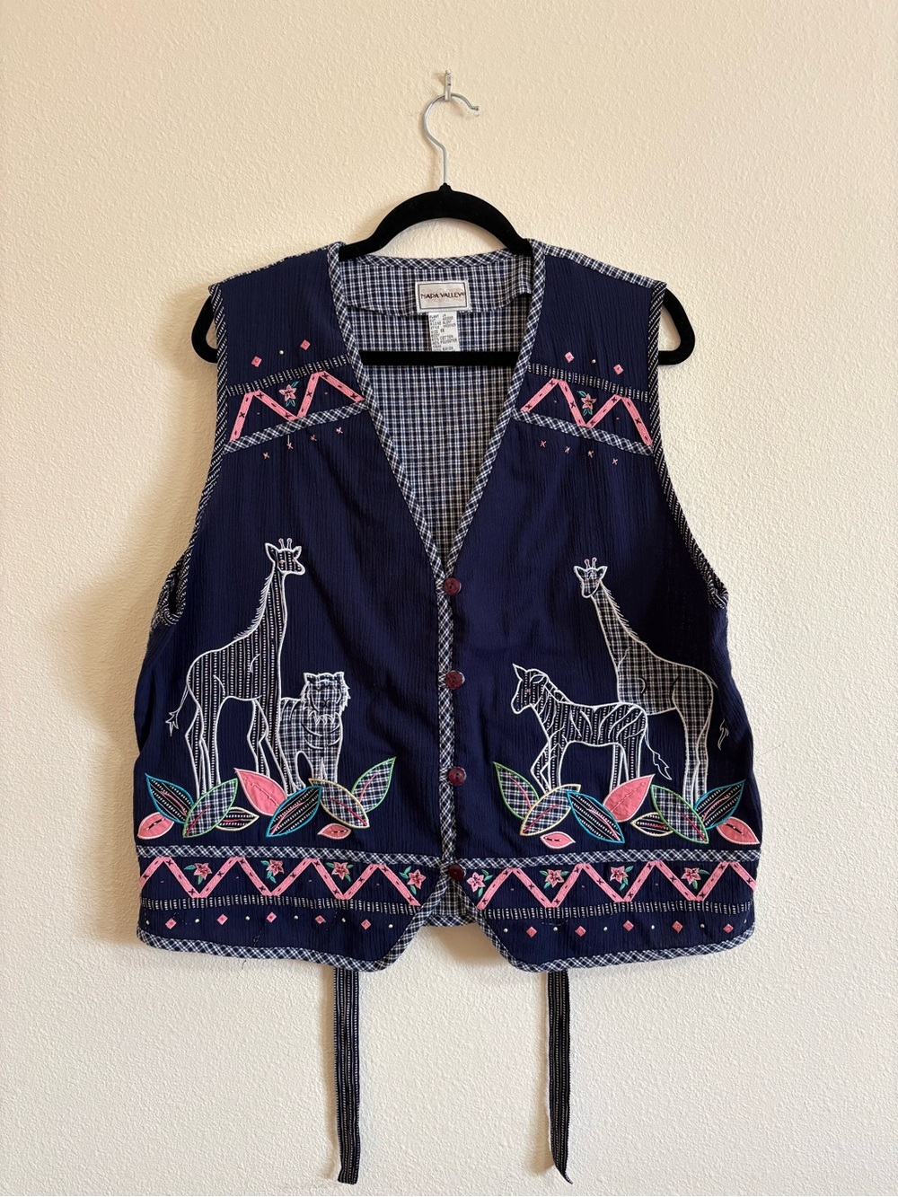 Vintage Women's Navy Embroidered Animal Vest - Napa Valley 1X